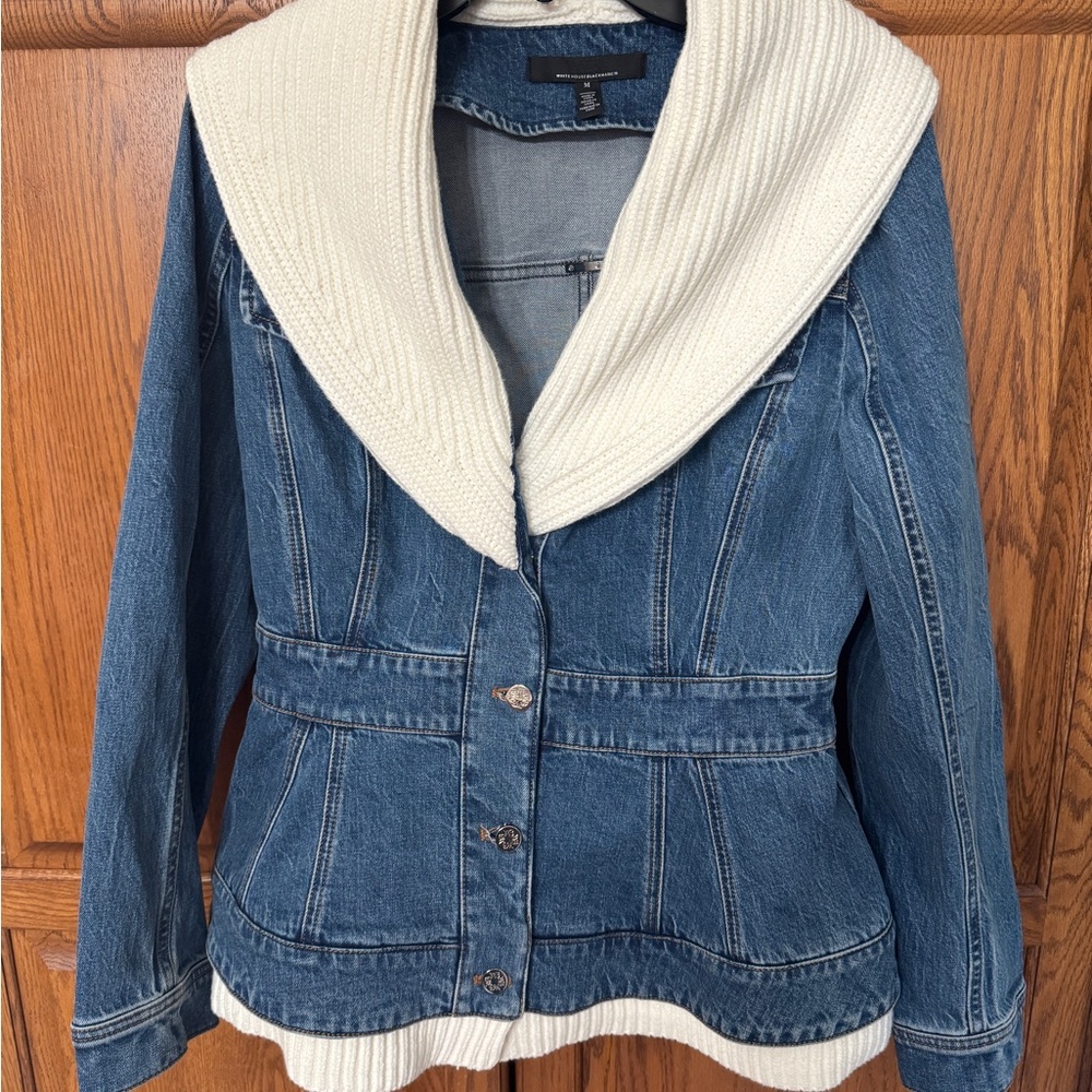 White House Black Market Blue Denim Jacket with Cream Collar